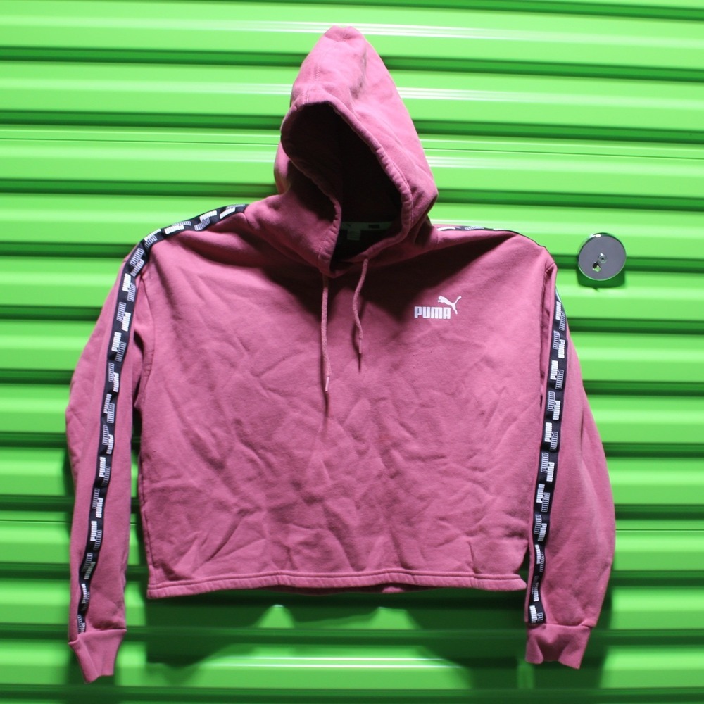 Puma Womens Cropped Hoodie Mauve Pink Logo Tape Sleeve Pullover Sweatshirt M